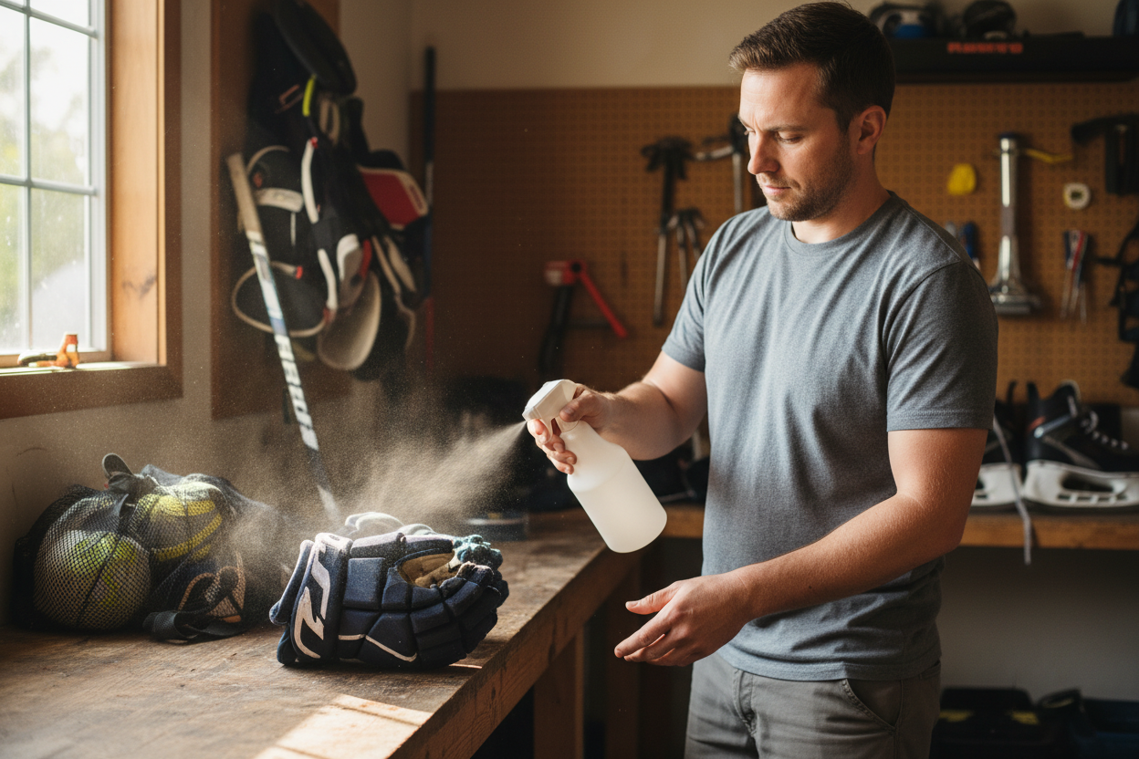 show a dad holding a spray bottle spraying a pair of hockey gloves